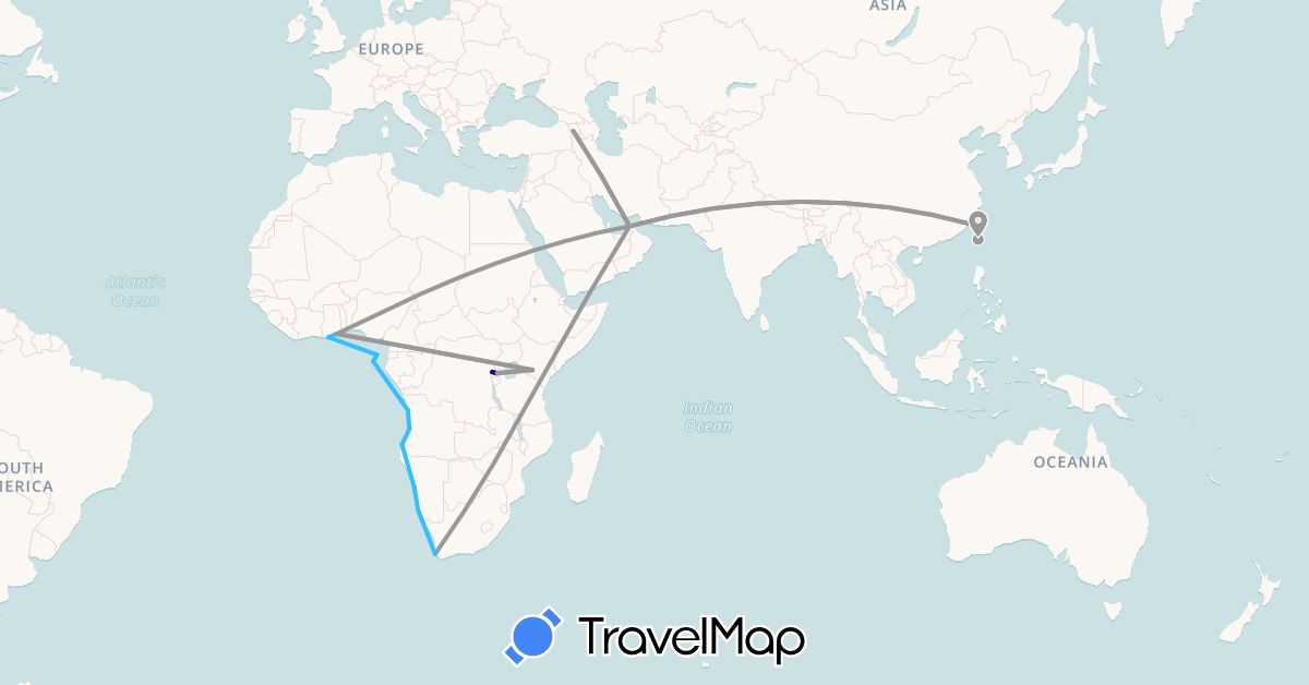 TravelMap itinerary: driving, plane, boat in United Arab Emirates, Armenia, Angola, Democratic Republic of the Congo, Ghana, Kenya, Namibia, Rwanda, São Tomé and Príncipe, Taiwan, South Africa (Africa, Asia)