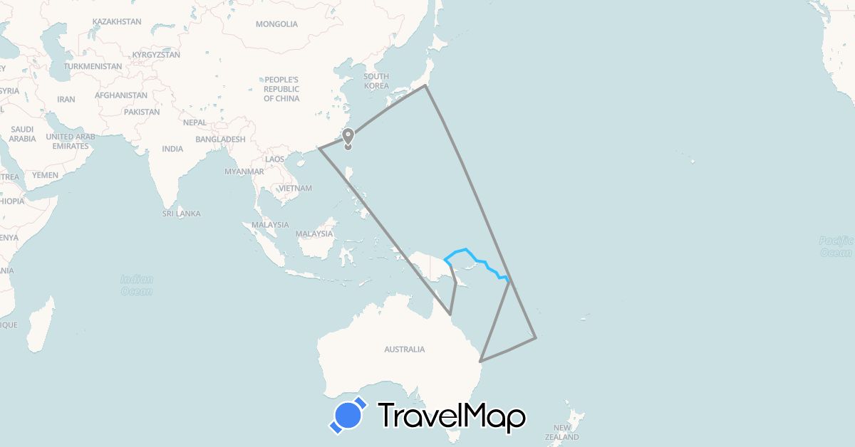 TravelMap itinerary: driving, plane, hiking, boat in Australia, China, Japan, New Caledonia, Papua New Guinea, Solomon Islands, Taiwan (Asia, Oceania)