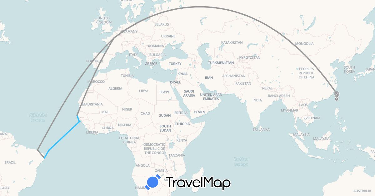 TravelMap itinerary: driving, bus, plane, hiking, boat in Brazil, France, Guinea-Bissau, Senegal, Taiwan (Africa, Asia, Europe, South America)